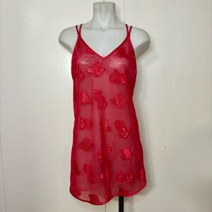 Vintage 90s/Y2K Jones New York Red Sheer Floral Heart Print CrossStrap Mini Slip